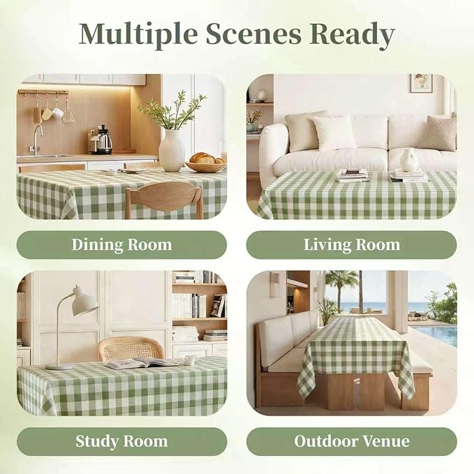 Green Gingham Tablecloth, Sage Checkered Cotton Linen Fabric Table Cloth, Washable Wrinkle Free Buffalo Plaid Table Cover for Farmhouse Picnic BBQ Camping 60"x106" Rectangle