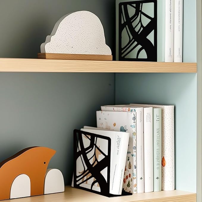 Black Abstract Book Shelf Decorative Bookends for Shelves, Book Ends for Heavy Books, Metal Bookends for Desk Organizer and CD Holder, Office Library Decor Decorative Books for Home Decor