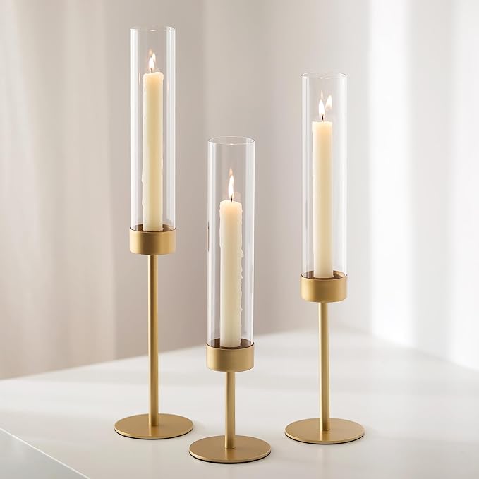 Glass Hurricane Candlestick Holders Gold - Romadedi Set of 6 Taper Candle Holder Bulk Tall Clear Glass Cylinder Table Centerpiece Wedding Decor Party Birthday Christmas Home Decorations