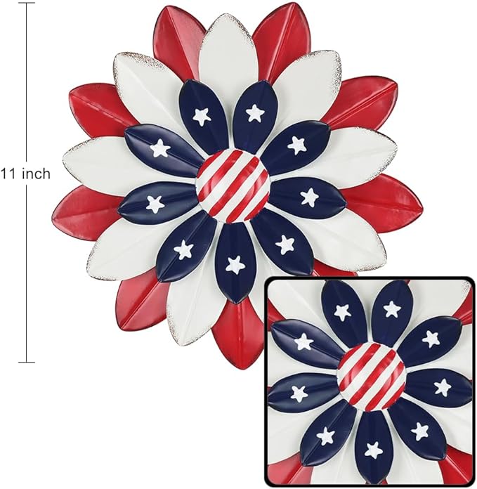 hogardeck 4th of July Decorations Outdoor, Red White Blue Metal Flower Wall Art for Fourth of July Decor, 3D Metal Floral Patriotic Decorations for Yard Garden Home Indoor
