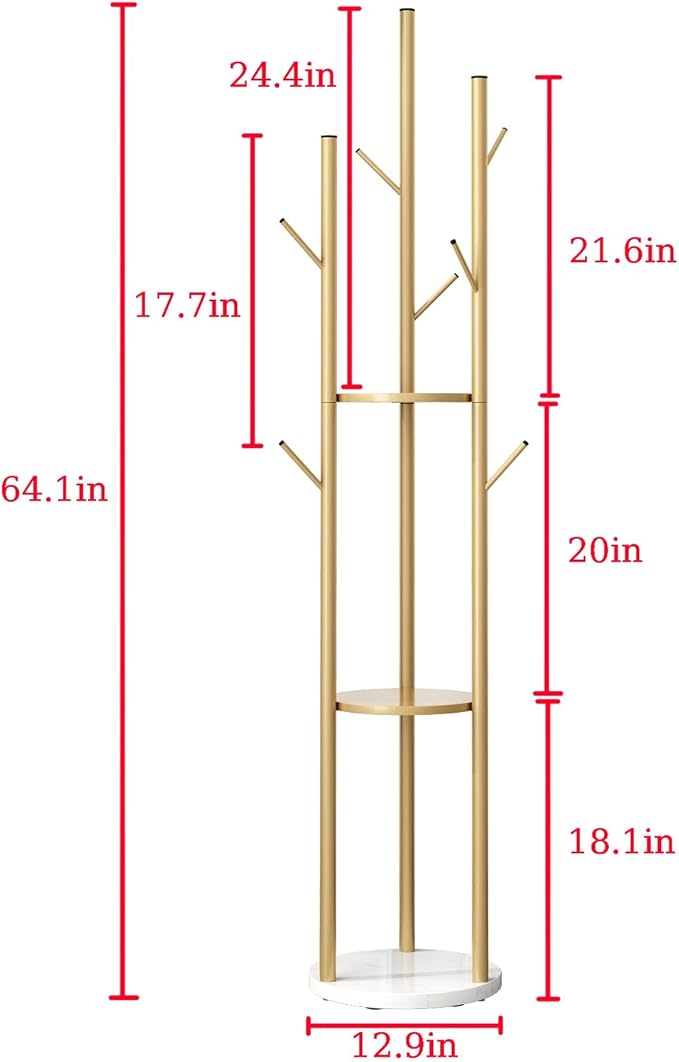 Gold Coat Racks Freestanding with 9 Hooks, Metal Coat Stand with Heavy Marble Base, Entryway Coat Tree Hanger, Purses Racks