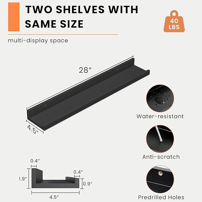Heimlove Picture Ledge Shelf, Floating Shelves Set of 2, 27.56Inches Picture Shelf for Wall with Ledge, Kids Bookshelf Wall Mounted for Living Room Bedroom Decor Books Photo Frames - Black