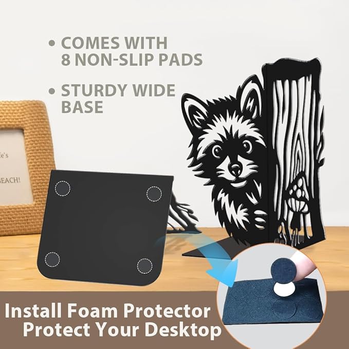 2Pcs Metal Bookends Black Heavy Duty Book Shelf Holders Raccoon Decorative Book Ends Used on Desk for Back to School Office Home Library Small Large Heavy Books
