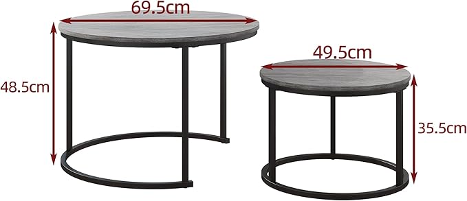 HOJINLINERO Round Coffee Table,Nesting Coffee Table Set of 2,Center Tables for Living Room,Office, Home Small Space,Stacking Side Tables,Sturdy and Easy Assembly,Wood Desktop,Black+Warm Grey,Large
