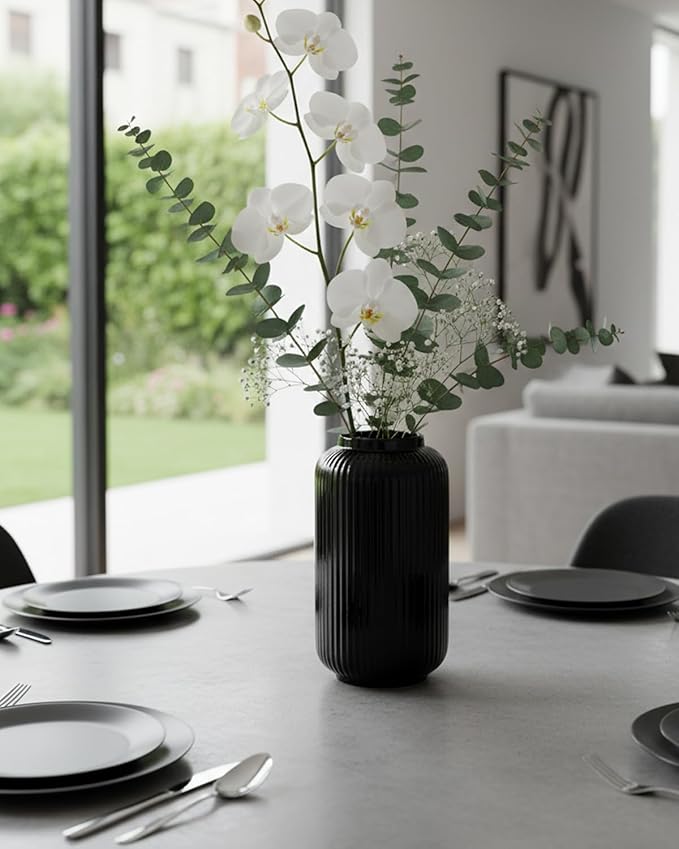 Black Ceramic Vase, 7.87 Inch Modern Small Ribbed Textured Flower Vase for Pampas Grass & Dried Flowers - Minimalist Home Decor, Watertight, Non-Slip Base