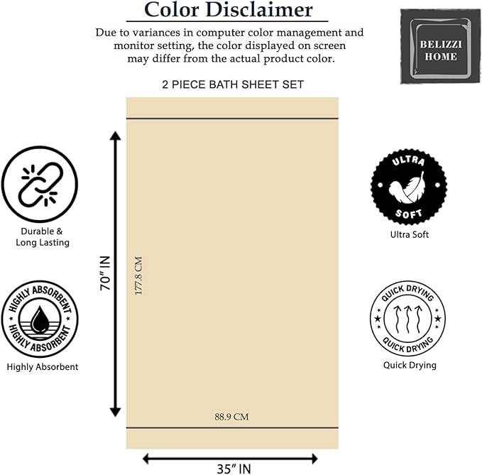 Belizzi Home Premium Cotton Oversized 2 Pack Bath Sheet 35x70-100% Pure Cotton - Ideal for Everyday use - Ultra Soft & Highly Absorbent - Machine Washable - Turquoise Blue