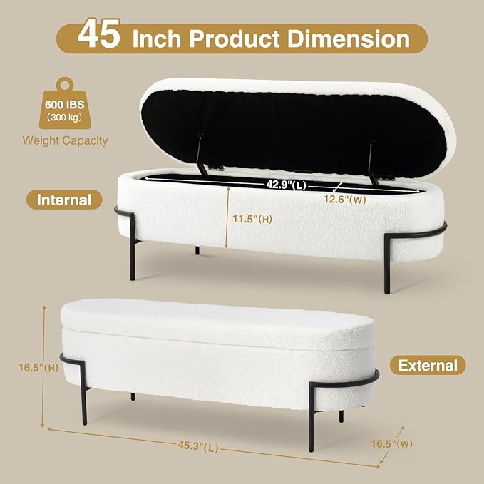 FiveWillowise Sherpa Storage Ottoman Bench for Bedroom, White End of Bed Bench with Storage, Upholstered Boucle Storage Bench with Metal Stand and Hinges, Oval Ottoman for Living Room, 45 Inch
