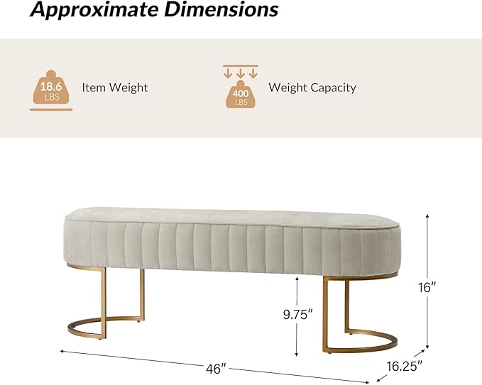 EcoHarbor Living 46" Velvet Bench, Upholstered Entryway Bench End of Bed with Gold Legs, Bed Ottoman Bench for Bedroom Living Room Footrest Stools, Beige