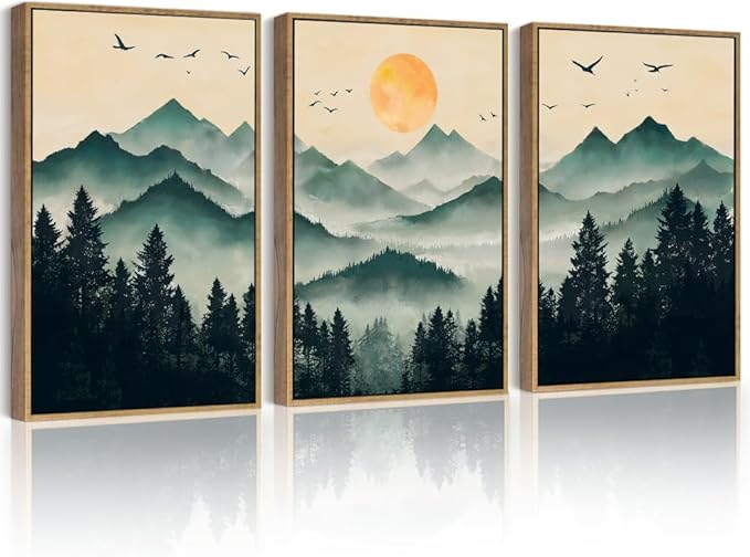 PHOPAGO Mountain Landscape Fog Pine Tree Framed Wall Art Large Large 16x24in Watercolor Nature Misty Forest Artwork Paints Sun Rise Farmhouse Rustic Decor for Bedroom Living Room - Natural Framed