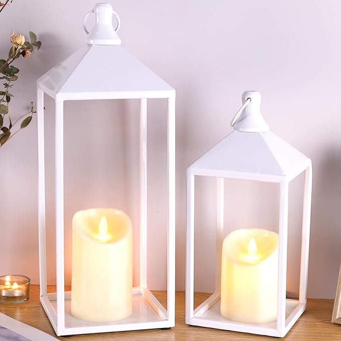 MATAHUM 2pcs Wedding Lanterns Decorative with LED Flameless Candle - White Vintage Farmhouse Metal Decorative Candle Lanterns for Wedding, Fireplace, Table Centerpiece, Indoor, Room, Valentine Decor