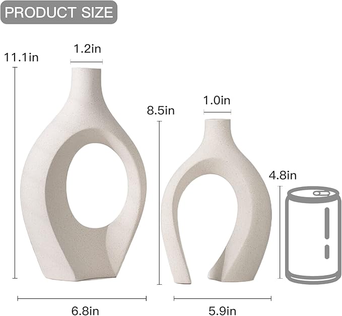 Liotww Extra Large Hollow Nordic Modern Ceramic Vases Set of 2, Milky White Aesthetic Round Donut Boho ins Style Flower Decorative Vase for Room Home Book Shelf Table Decor (Matte W 8" X H 11")