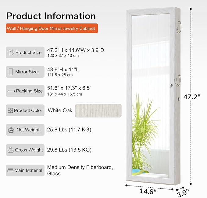 GISSAR Jewelry Mirror Armoire Wall Mount Over The Door Mirror Jewelry Cabinet Storage Mirror Organizer Lockable Full Length Door Mirror(White Oak)