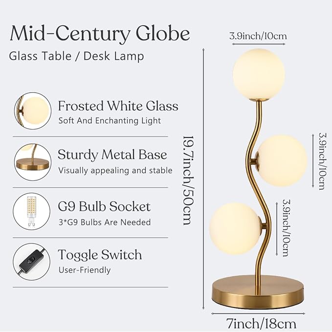 Mid Century Gold Globe Table Lamp 3-Light Flower Curve Beside Desk Table Light with Milk White Glass Shade Metal Base Nightstand Lamp for Bedroom Bedside