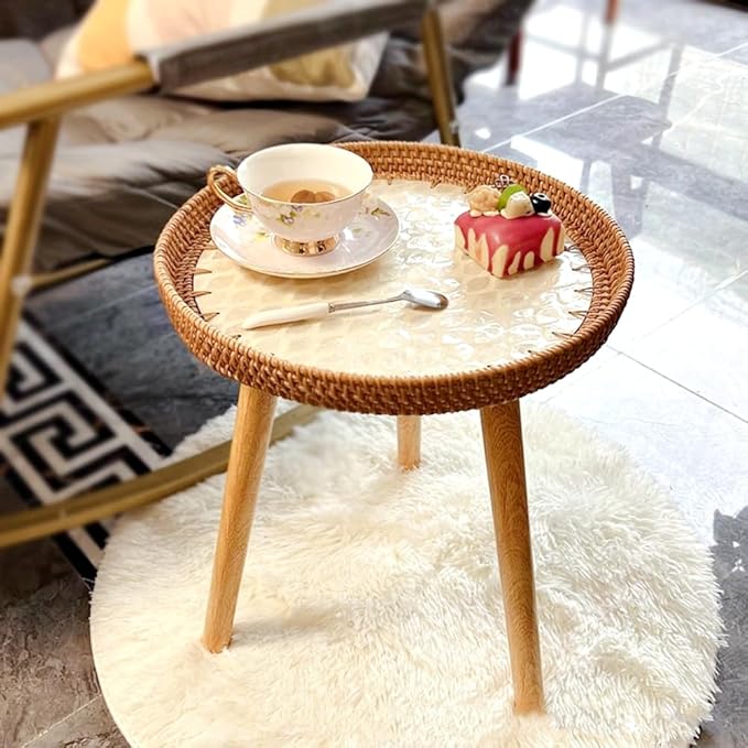 Small Rattan Side Table/Round Coffee Table for Small Spaces, Mini Modern Coffee Table with Shell Design Tray, Outdoor End Tables for Patio, Boho Nightstand for Bedroom or Living Room