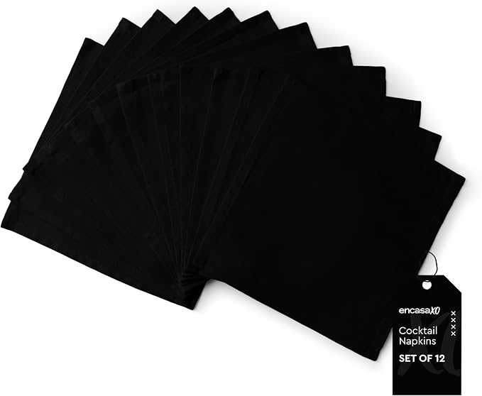 Encasa XO Cocktail Cloth Napkins Set of 12 | Pure Cotton Table Napkin | Size (9"x9") | Jet Black Solid | Machine Washable