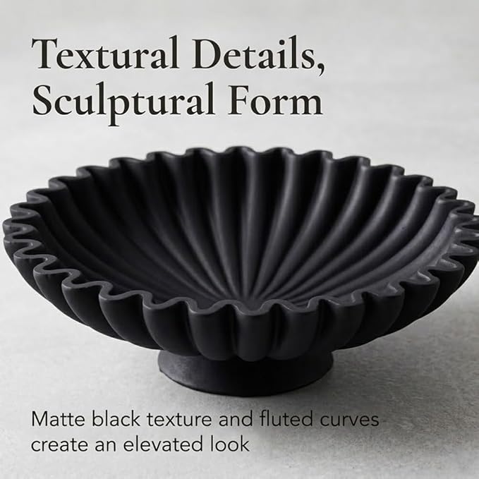 9.5" Large Decorative Bowl - Scalloped Pedestal Bowls for Home Decor, Key Bowls for Entryway Table, Decorative Fruit Bowl for Kitchen Counter, Resin Black Ruffle Coffee Table Decor