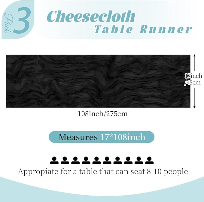 3 Pack Black Cheesecloth Table Runner, 17 x 108 Inch, Gauze Cheese Cloth Table Runner Rustic Sheer Runner for Wedding Birthday Party Baby Shower Table Decor(Black)