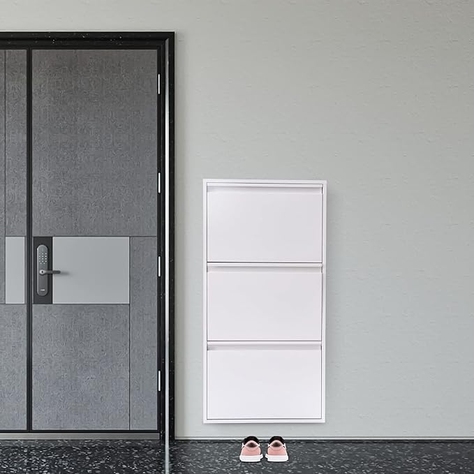 Hidden Shoe Cabinet White Metal Slim Shoe Cabinet Storage with 3 Flip Drawers Modern Entryway Wall Mount Narrow Shoe Rack for Living Room, Bedroom, Hallway