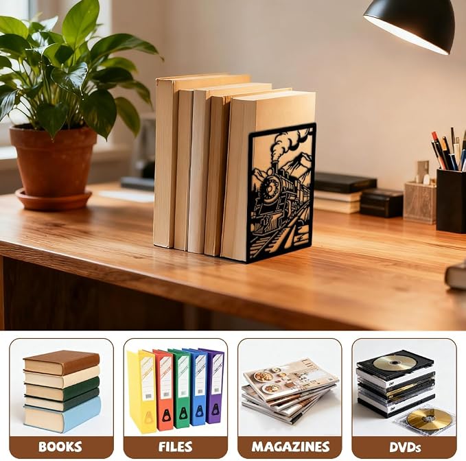Peacoblue Metal Bookends for Shelves, Modern Decorative Heavy Duty Study Book Ends Stoppers for Office Desk Shelf, Room 5.3"x4.3"x7.9" Cast Iron Tall Bookends 1 Pair (Steam Train with Mountains)