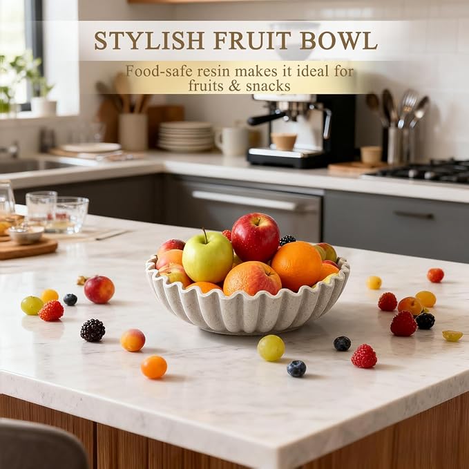 Large Decorative Bowl, Resin Fruit Bowl for Kitchen Counter, Scalloped Ruffle Entryway Bowl, 10 Inch Modern Purse Bowl for Home Decor, Artificial Stone Beige
