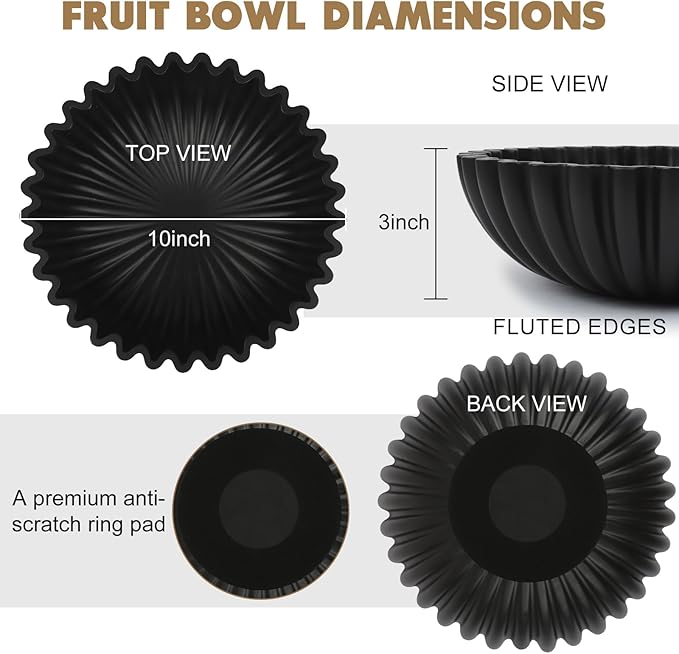 Large Decorative Bowl for Home Decor - Centerpiece for Coffee Table,Dining Table,Kitchen, Entryway Key bowl & Fruit Display - Modern Concrete Stone Design (Black)