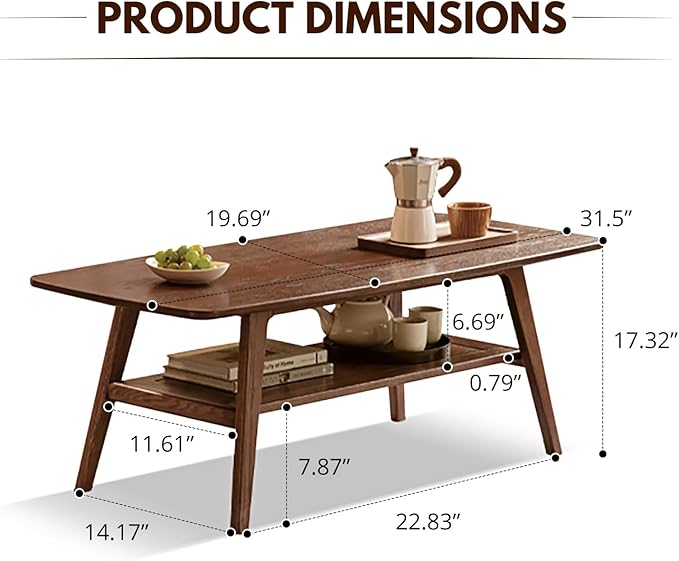 100% Solid Wood Coffee Table with Storage Shelf, 2-Tier Wooden Center Table for Living Room, Farmhouse Rustic Rectangle Table, Easy Assembly,31.49 Inch