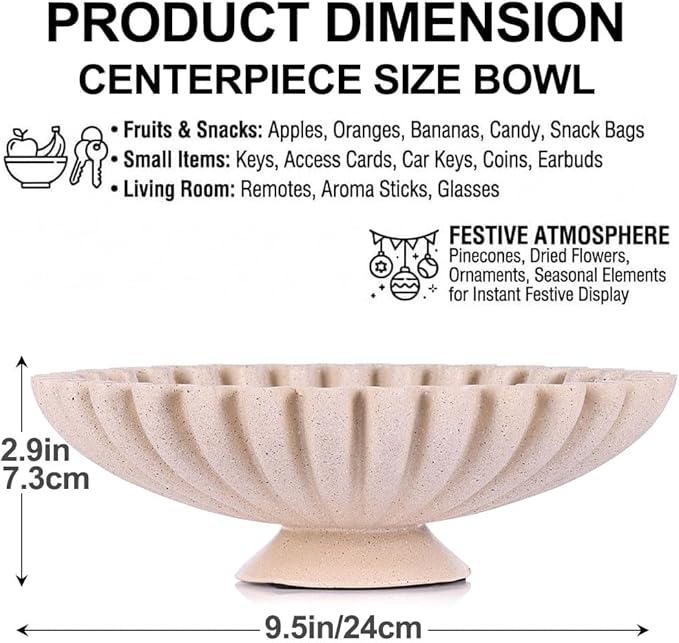QIANLING Large Beige Decorative Pedestal Bowl - Modern Resin Handcrafted Decorative Fruit & Key Bowl for Home Decor, Entry Table, Kitchen Counter, Coffee Table, Side Table, Living Room Accent