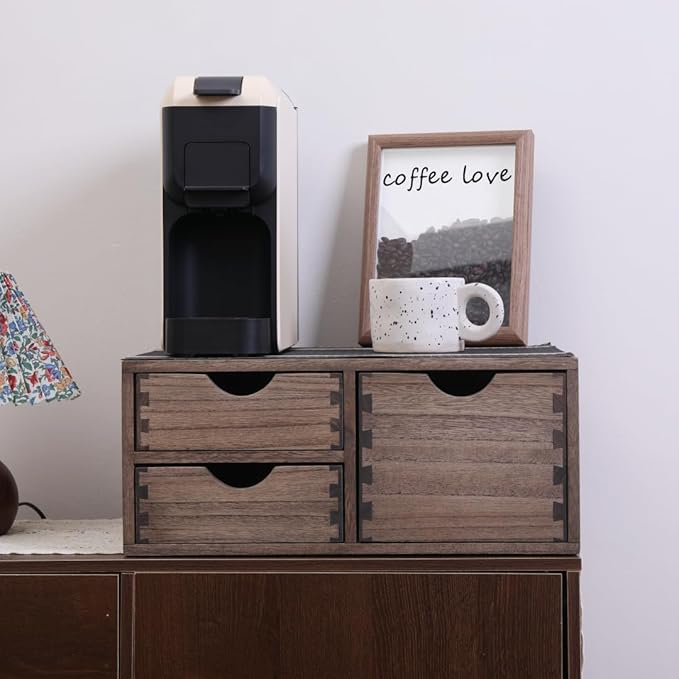DDYURI Coffee Pods Storage Drawer Holder for Capsules - Multi Functional Desk Organizer Drawers For K cups Coffee Maker Brew - Kitchen Mini Wooden Box Chest Sideboard Counter Organization CF2D3C Dark