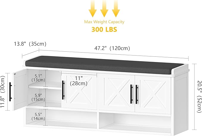 Farmhouse Shoe Storage Bench with Cushion, 47.2" Wide Entryway Bench with Adjustable Shelves and Open Bottom Shelf, Hidden Shoe Cabinet Storage for Entryway, Hallway, Bedroom White