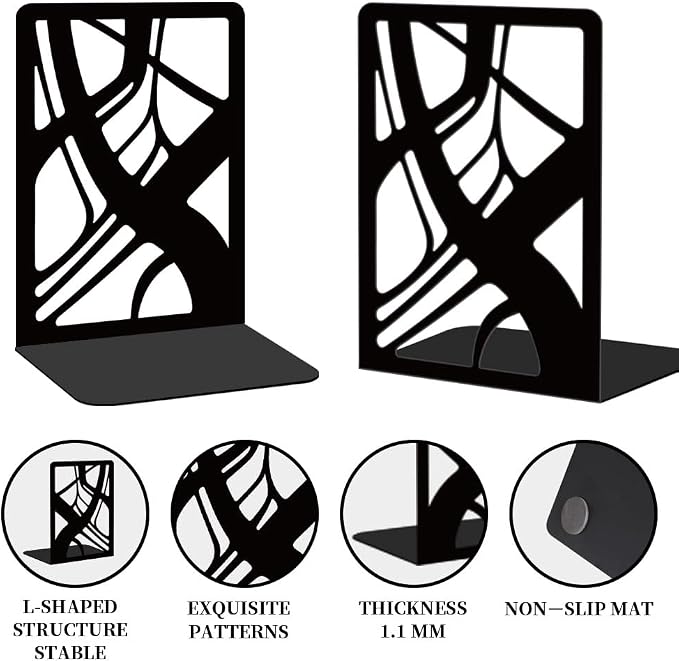 Black Abstract Book Shelf Decorative Bookends for Shelves, Book Ends for Heavy Books, Metal Bookends for Desk Organizer and CD Holder, Office Library Decor Decorative Books for Home Decor