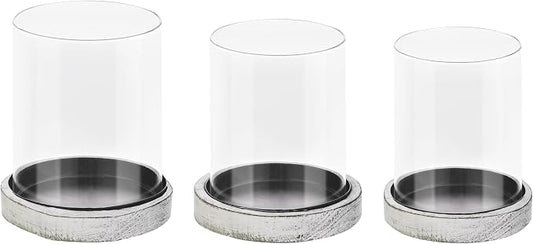 Set of 3 Glass Hurricane Candle Holders for Pillars with Distressed White Solid Wood Base Crafted from Pine, Farmhouse Candlestick Holder, Centerpieces for Home, Garden, Table, Mantel, Wedding, Party