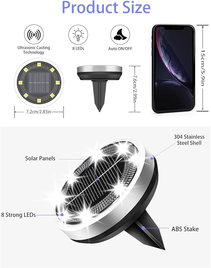 Solar Lights Outdoor Waterproof, 8 Pack 8 LED, Thickened Stainless Steel Ground Light, Solar Garden Lights Landscape Lighting for Patio Pathway Lawn Yard Deck Driveway Walkway, Cool White