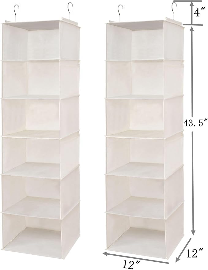 BrilliantJo 6 Shelves Hanging Closet Organizer, 2 Pack Hanging Storage with 4 Side Pockets for Clothes Shoes, 43.5"x12"x12"(Beige)