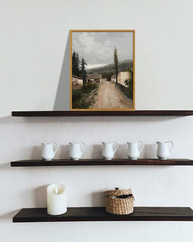 KBKBART Framed Wall Art, Vintage European Village Country Canvas Art Prints Farmhouse Decor, Vintage Oil Painting Picture, Rustic Landscape Wall Decor for Bathroom, Bedroom Living Room, Vintage Art(12"x16")