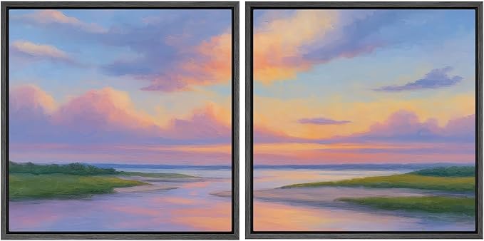 SIGNFORD Framed Canvas Print Wall Art Set Pastel Sunset Coastal Landscape Soft Color Horizon Modern Art Relax/Calm for Living Room, Bedroom, Office - 24"x24"x2 BLACK