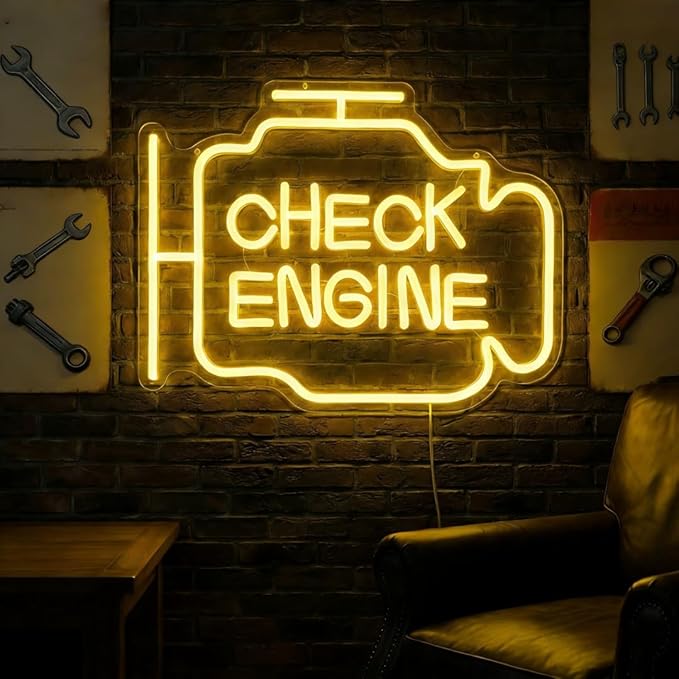Check Engine Light Neon Sign for Man Cave & Garage, Large Size LED Wall Art, USB Powered, Funny Gift for Dad, Car Guys on Birthday & Father‘s Day - 15.7x11.8in Yellow Sign