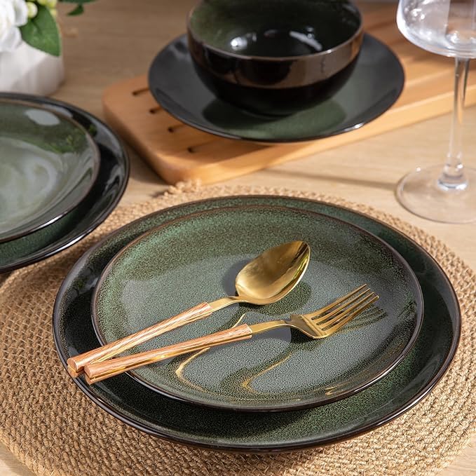 LeRatio Ceramic Dinnerware Sets for 6,Plates and Bowls Sets,Handmade Reactive Glaze Dishes Set,Chip Resistant and Scratch Resistant | Oven&Dishwasher & Microwave Safe,Service for 6-Green (18PCS)