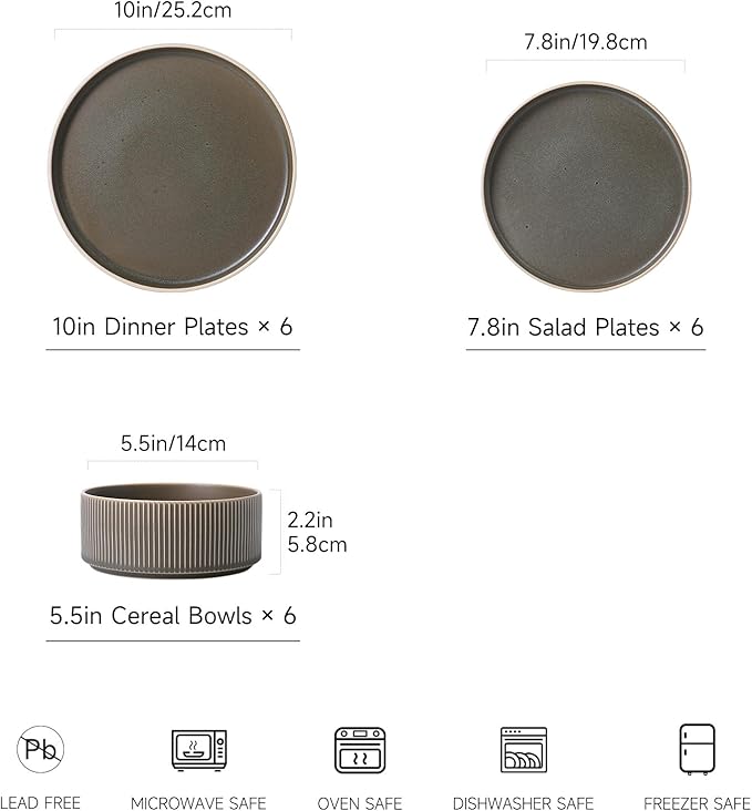 Dinnerware Set Service for 6, 18-Piece Ceramic Plates and Bowls Set, Chip & Scratch Resistant, Microwave and Dishwasher Safe, Modern Minimalist Tableware for Everyday Use, Matte Green