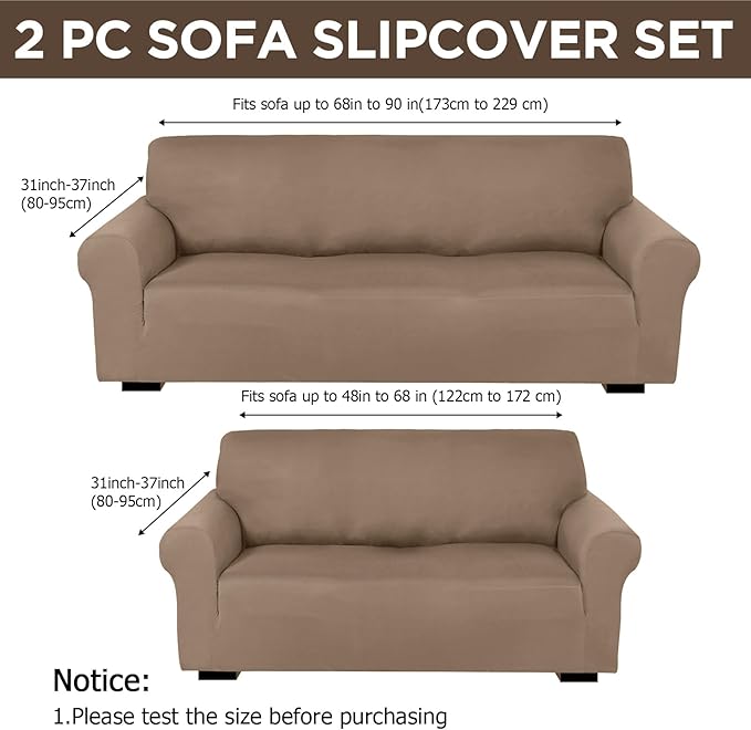 Peryiter 2 Pcs Sofa Covers Couch and Loveseat Covers Set Stretch Sofa Slipcover for Living Room Armchair Furniture Protector, Wrinkle Proof(Camel,Milk Silk)
