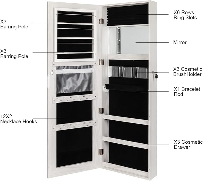 Bonnlo 48” x 15” All Screen Jewelry Armoire Cabinet,Full Length Mirror Display, Beauty Organizer Dressing Makeup,Lockable w/FREE safe key,Wall Mounted or Door Hanging (White)
