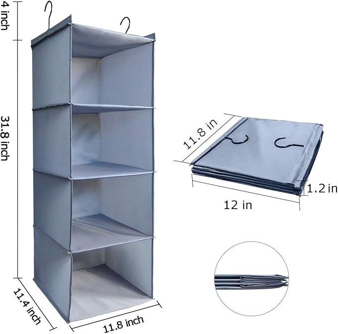 Hanging Closet Organizer, Easy Mount Foldable 4-Shelf Hanging Closet Wardrobe Storage Shelves, Clothes Handbag Shoes Accessories Storage, Washable Oxford Cloth Fabric, Gray