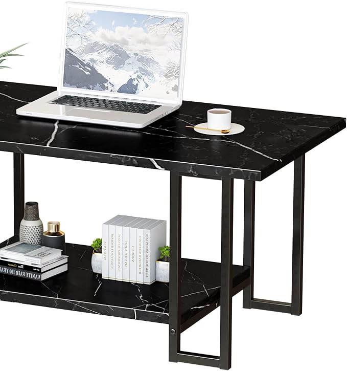 Lamerge Coffee Table, Modern Faux Marble Top Coffee Table with Metal Frame and Storage Shelf, 2-Tier Rectangle Accent Cocktail Table for Living Room, Office (Black)