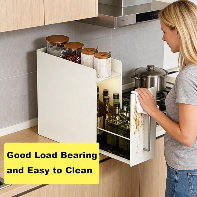 Saiveina Pull Out Spice Rack Organizer – 2 Tier Sliding Drawer, No Assembly Steel Kitchen Countertop Storage for Seasonings, Condiments, and Tall Bottles, Compact Pantry Solution