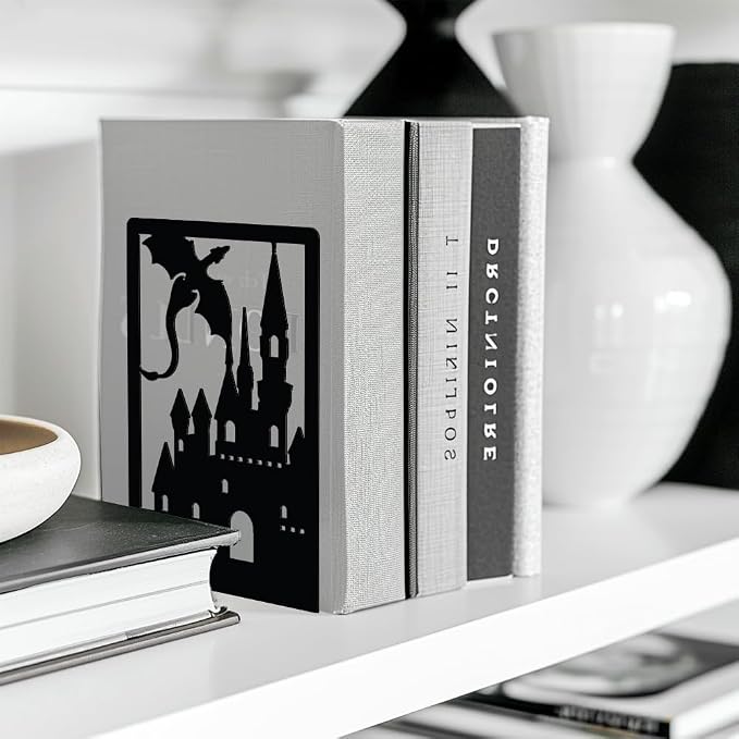 Peacoblue Metal Bookends for Shelves Room Decorative, 2 Pairs of Creative Heavy Duty Study Bookends Stoppers Holder Stand for Desk Shelf 4.7"x3.5"x7" Book Ends to Support Books (Dragon Castle)