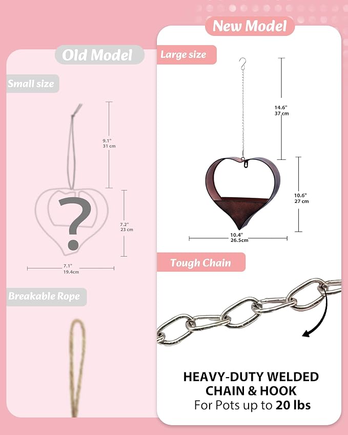 Metal Plant Hangers Indoor and Outdoor:Birthday Gifts for Mom Women Her Wife Garden Lovers - Heart Shape Hanging Planters for Window Wall Living Room Office Decor(Rustic)