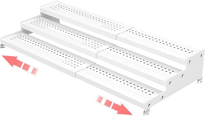 Expandable 3-Tier Metal Spice Rack, Heavy Duty Kitchen Step Shelf Organizer for Cabinet, Pantry & Countertop, Non-Slip Storage for Spices, Perfumes & Collectible Figures(WHITE,1PACK)