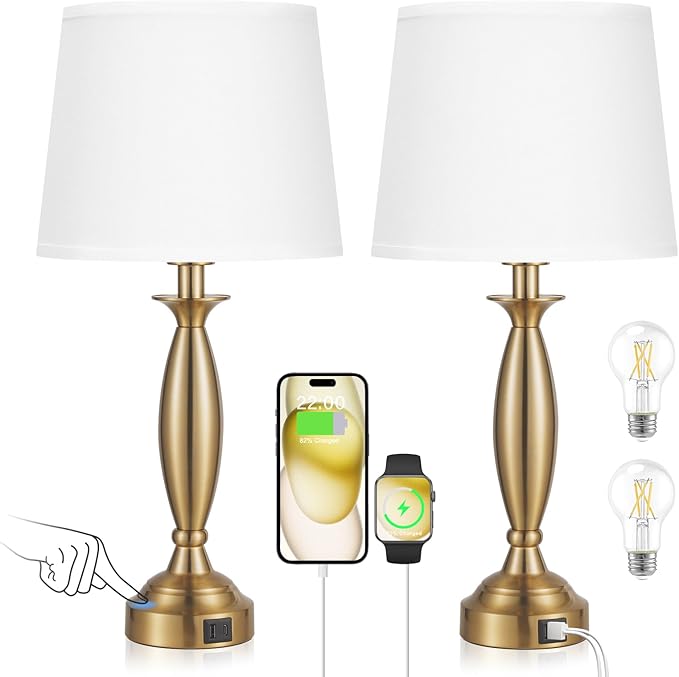 Seealle White Gold Lamps for Bedrooms Set of 2 - Touch Control Bedside Lamp with USB C+A, 3 Way Dimmable Nightstand Lamps with USB Port, Table Lamp for Living Room(White Shade and Gold Base)