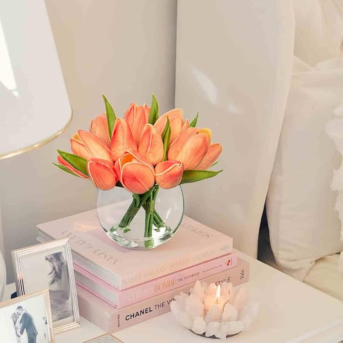 DILATATA Artificial Peach Tulips in Vase with Faux Water 6" Real Touch Flowers Fake Tulips Small Flowers Arrangement in Round Glass Vase for Mother's Day Table Centerpiece Wedding Home Decor