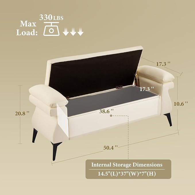 Furniliving 51”Ottoman with Storage, Upholstered End of Bed Bench with Armrest Cushion, Ottoman Bench, Faux Leather Bedroom Bench, Bed Bench with Storage, for Living Room, Entryway, Beige