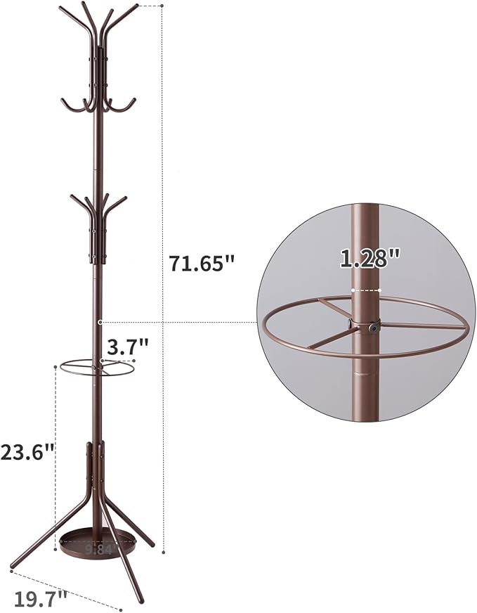 Kitsanery Coat Rack Freestanding,Metal Coat Tree with Umbrella Holder,Hat and Coat Rack Stand for Entryway, Hallway, Living Room, Bedroom (Brown)